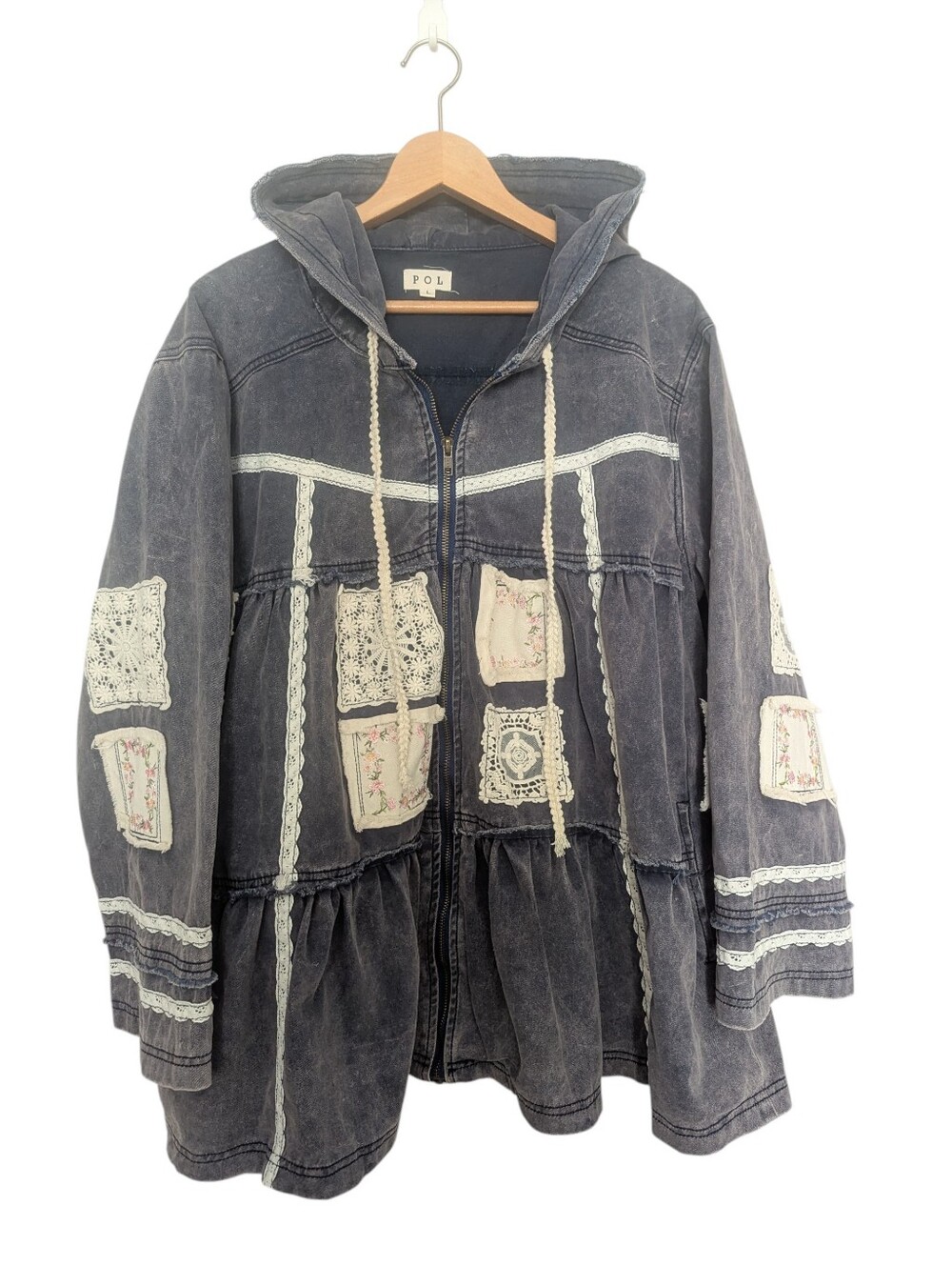 POL Patchwork Lace-Trim Hooded Jacket in Faded Black Large